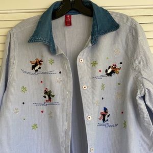 Striped Holiday Button Down Shirt, Size M